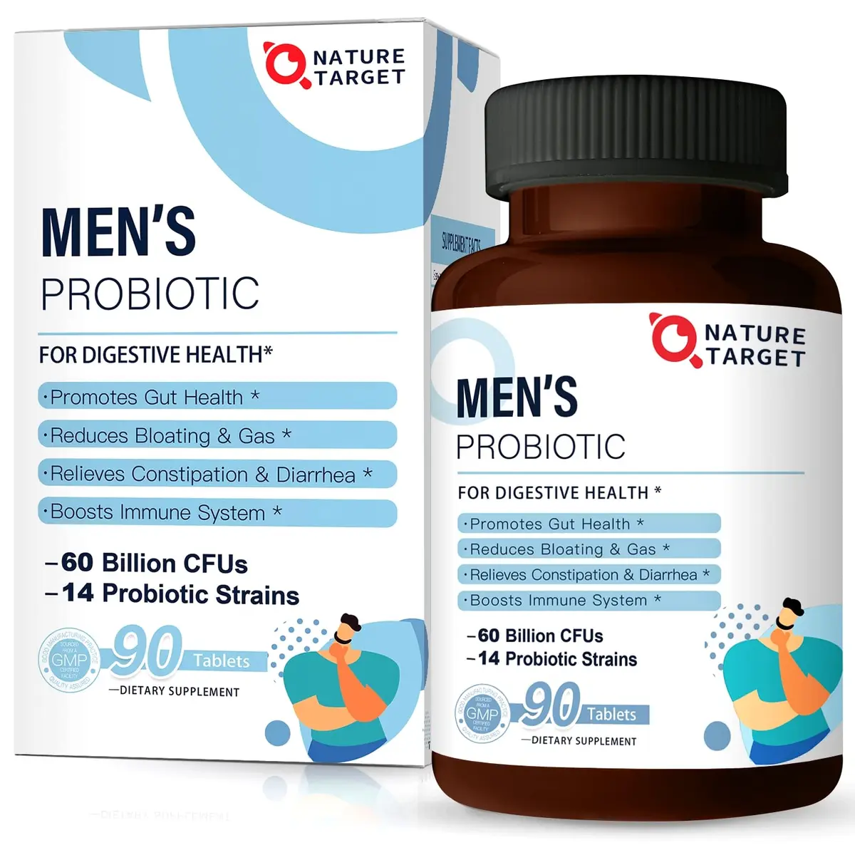 NATURE TARGET Probiotics for Men 90 Veggie Tablets | 60 Billion CFU for Digestive & Immune Support - main product image
