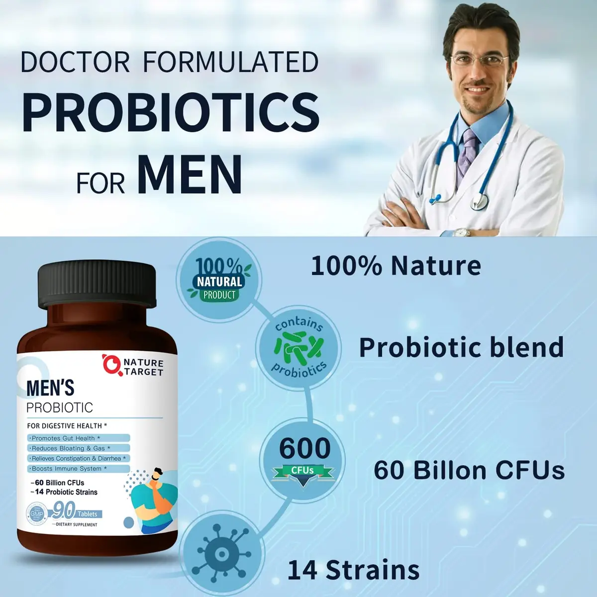 NATURE TARGET Probiotics for Men 90 Veggie Tablets | 60 Billion CFU for Digestive & Immune Support - view 7