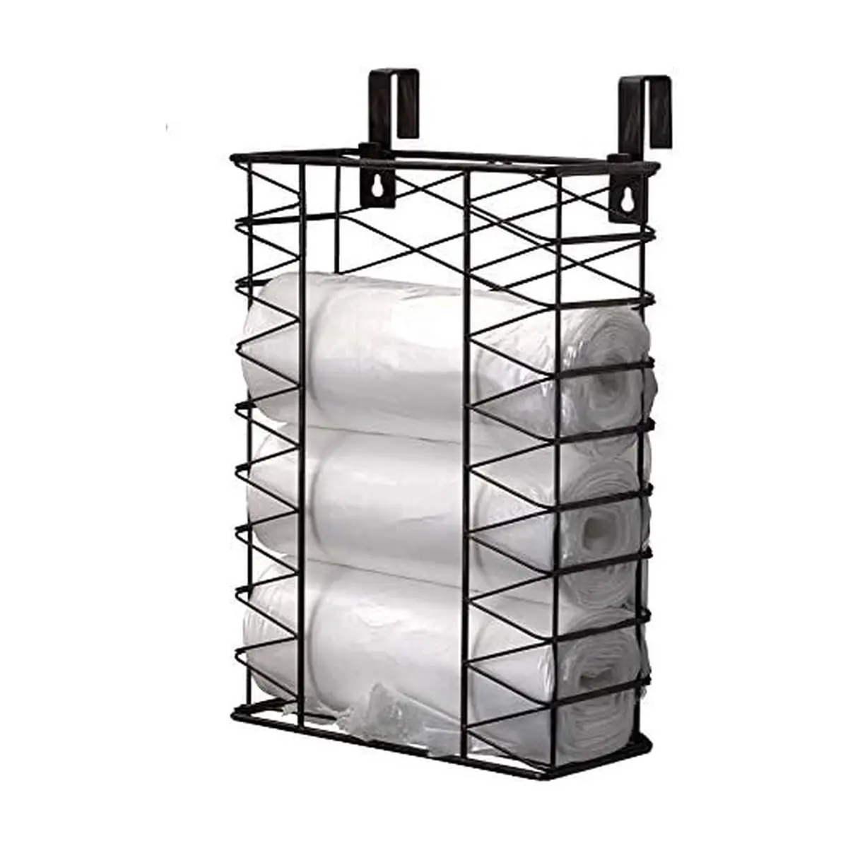 Gourmet Basics by Mikasa Garbage Bag Holder Basket with Removable Hooks, Antique Black | Space-Saving Wall & Door Mount - main product image