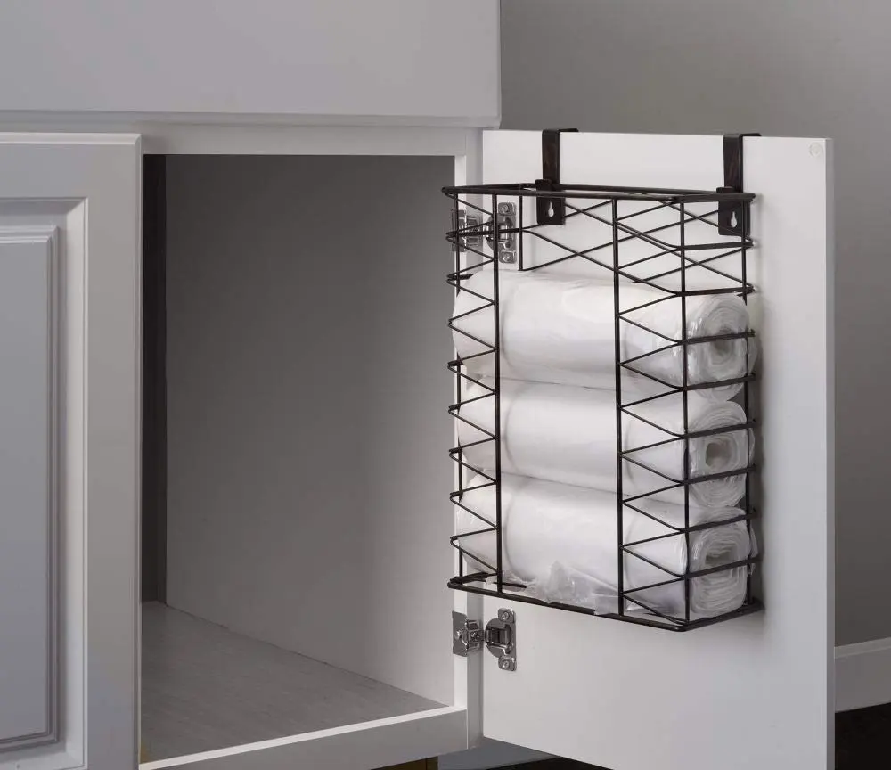 Gourmet Basics by Mikasa Garbage Bag Holder Basket with Removable Hooks, Antique Black | Space-Saving Wall & Door Mount - view 2