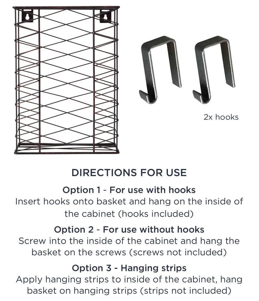 Gourmet Basics by Mikasa Garbage Bag Holder Basket with Removable Hooks, Antique Black | Space-Saving Wall & Door Mount - view 4