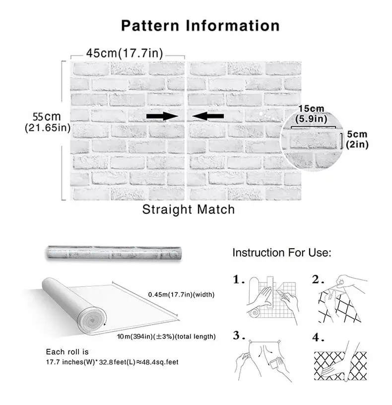Cohoo Home White Brick Wallpaper Peel and Stick 998.2 cm x 45 cm | Realistic Faux Brick Design - view 3