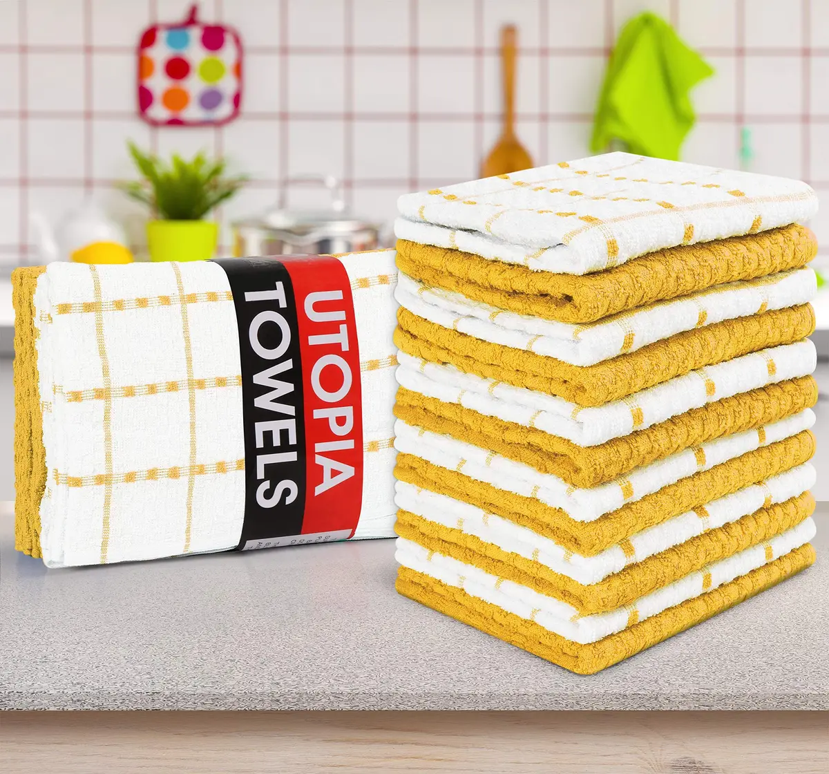 Utopia Towels Yellow Kitchen Towels 12 Pack 38cm x 64cm (15" x 25") | Absorbent Dobby Weave Cotton Dish Cloths - view 6
