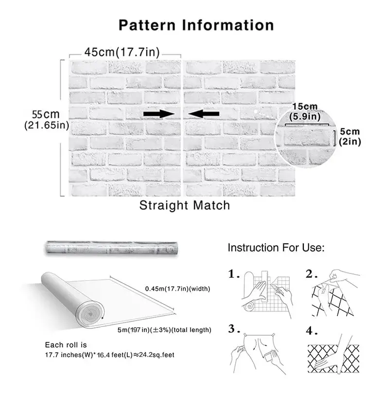 Cohoo Home White Brick Wallpaper Peel and Stick 45cm (17.7") x 500cm (197") | Realistic Faux Brick Wall Covering - view 4