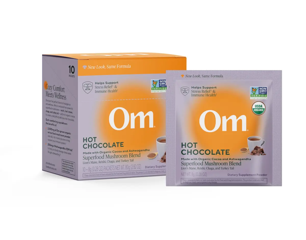 OM MUSHROOM SUPERFOOD Hot Chocolate Blend – Dutch Cocoa Mushroom Powder with Lion’s Mane, Reishi, Chaga & Turkey Tail – Focus, Calm & Stress Support – 2g Sugar, 25 Calories – Single Serve (10 Count) - main product image