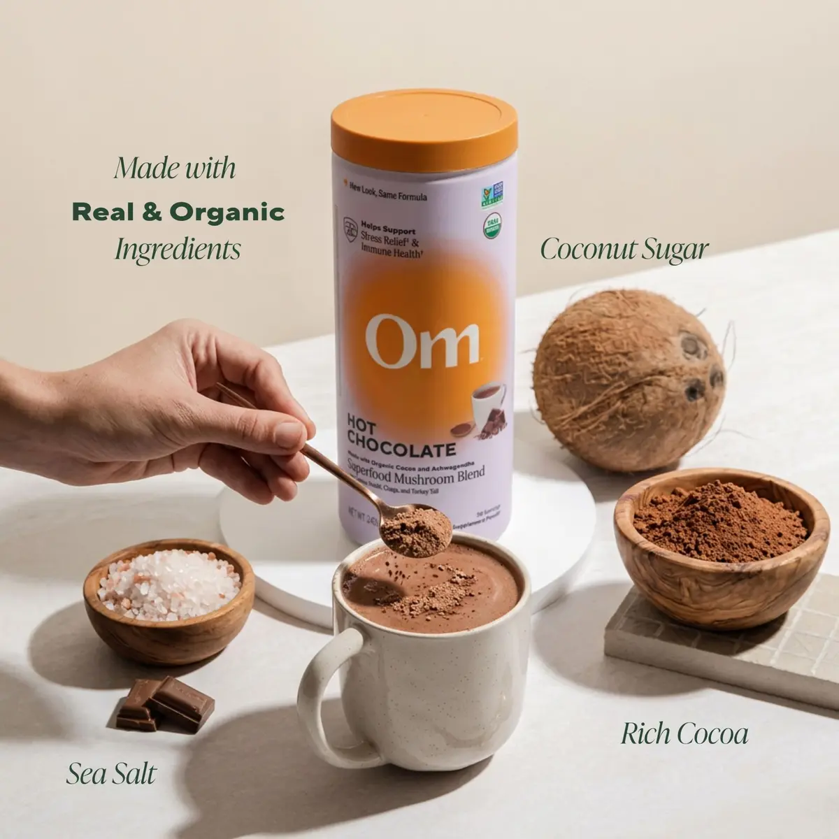 OM MUSHROOM SUPERFOOD Hot Chocolate Blend – Dutch Cocoa Mushroom Powder with Lion’s Mane, Reishi, Chaga & Turkey Tail – Focus, Calm & Stress Support – 2g Sugar, 25 Calories – Single Serve (10 Count) - view 4