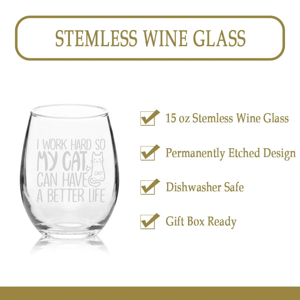 Veracco 15 oz (444 ml) Stemless Wine Glass | Funny Cat Mom Birthday Gift - view 3