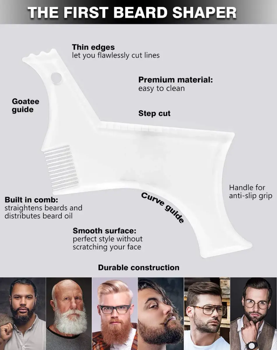 As always Men's Beard Shaping Tool With Inbuilt Comb Clear Plastic Template for Goatee Mustache Sideburns, Jaw Cheek/Neck Line, Symmetric/Curve/Step Cut (1-Piece) - view 6