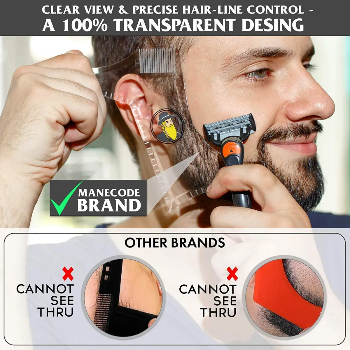 As always Men's Beard Shaping Tool With Inbuilt Comb Clear Plastic Template for Goatee Mustache Sideburns, Jaw Cheek/Neck Line, Symmetric/Curve/Step Cut (1-Piece) - view 3