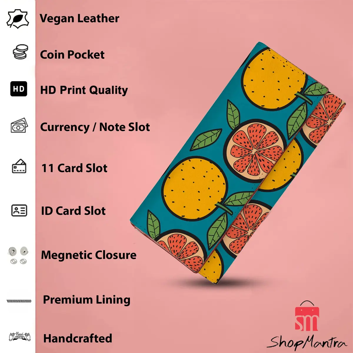 ShopMantra Orange Printed Vegan Leather Wallet | 20cm (7.87in) x 10cm (3.94in) x 1.5cm (0.59in) - view 2