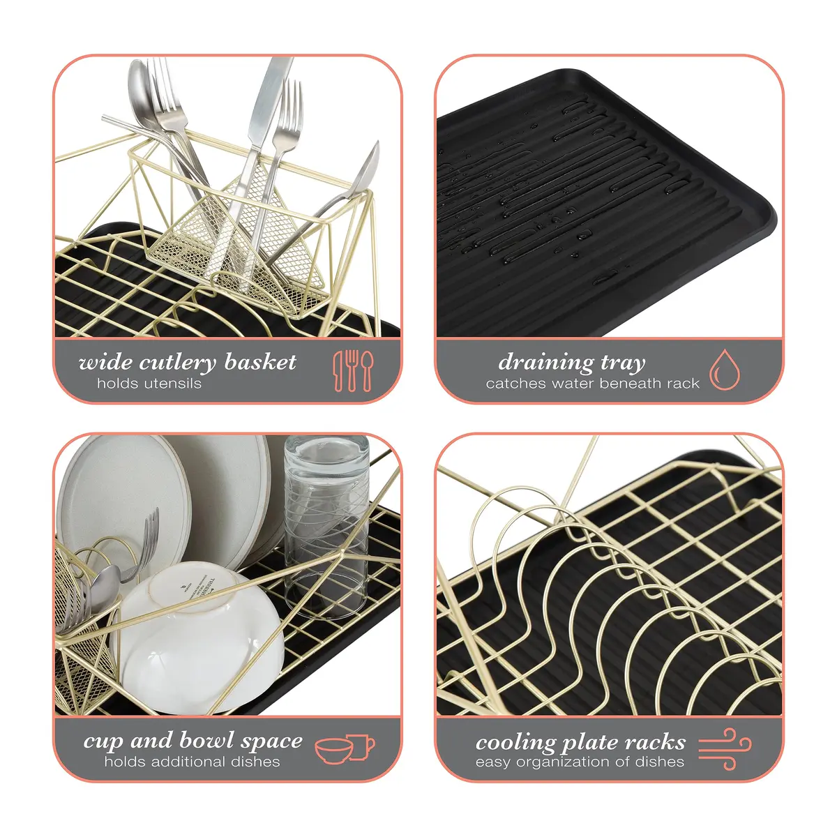 Kitchen Details Geode Deluxe Dish Drying Rack with Drain Board | Satin Gold | Rust Resistant - view 5