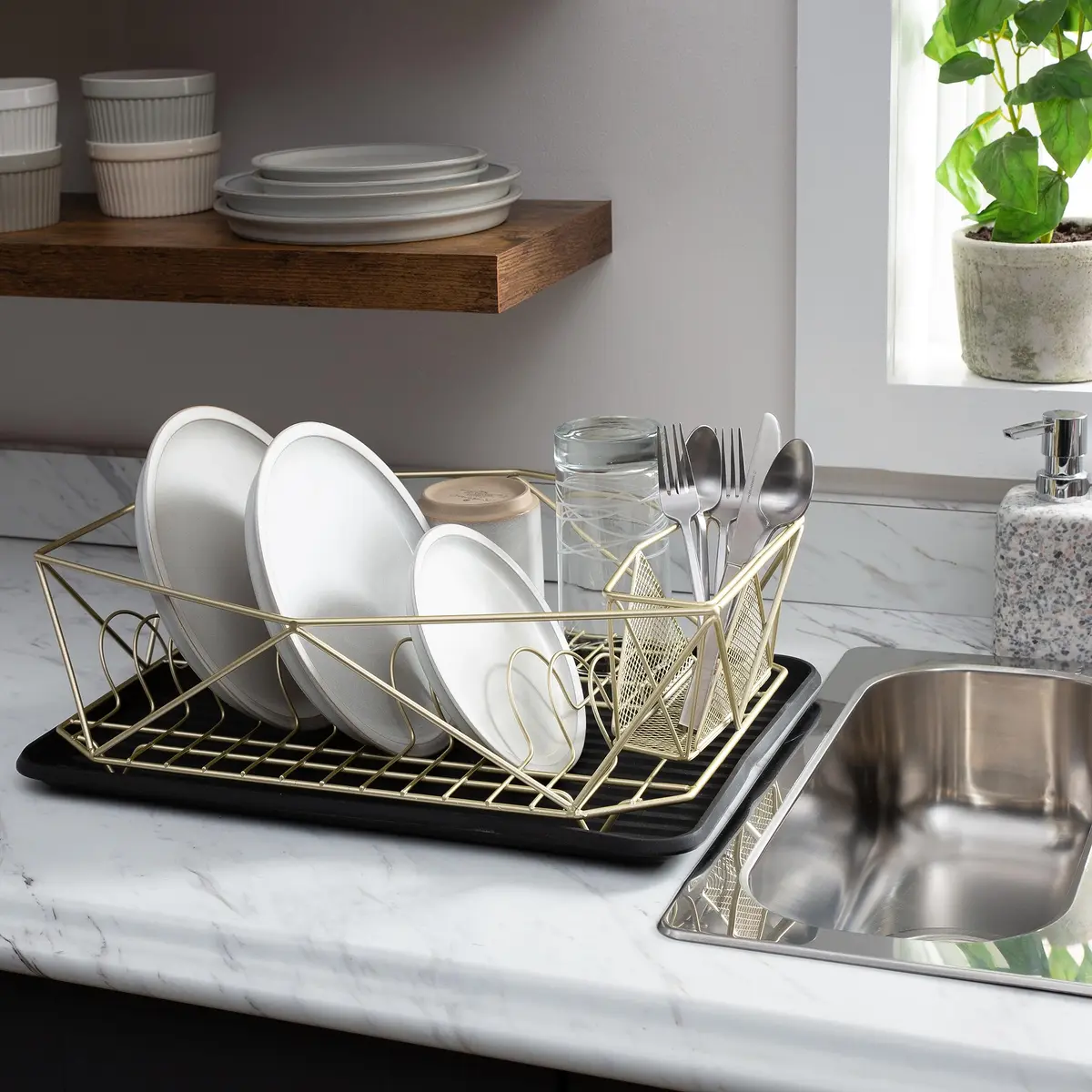 Kitchen Details Geode Deluxe Dish Drying Rack with Drain Board | Satin Gold | Rust Resistant - view 6