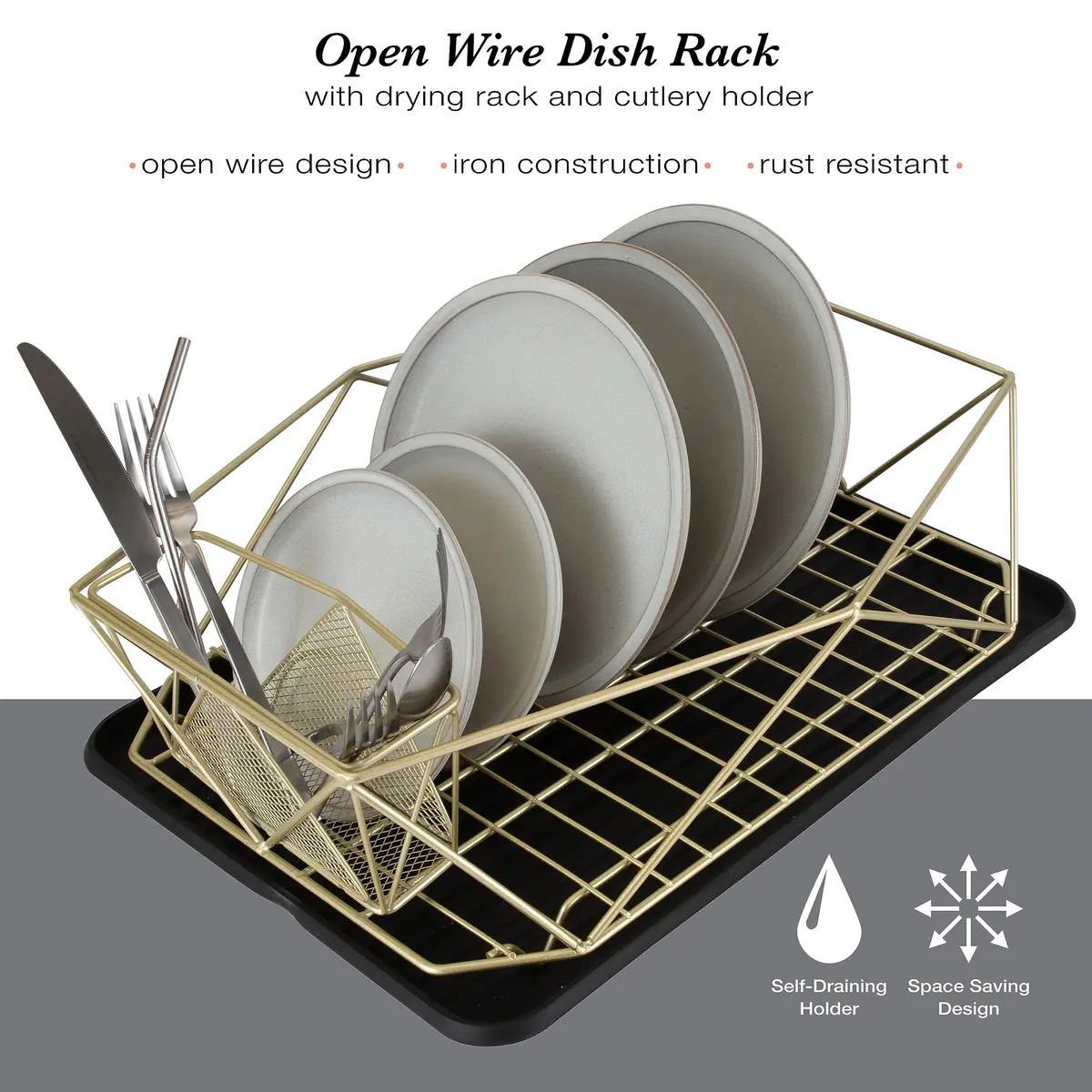 Kitchen Details Geode Deluxe Dish Drying Rack with Drain Board | Satin Gold | Rust Resistant - view 2