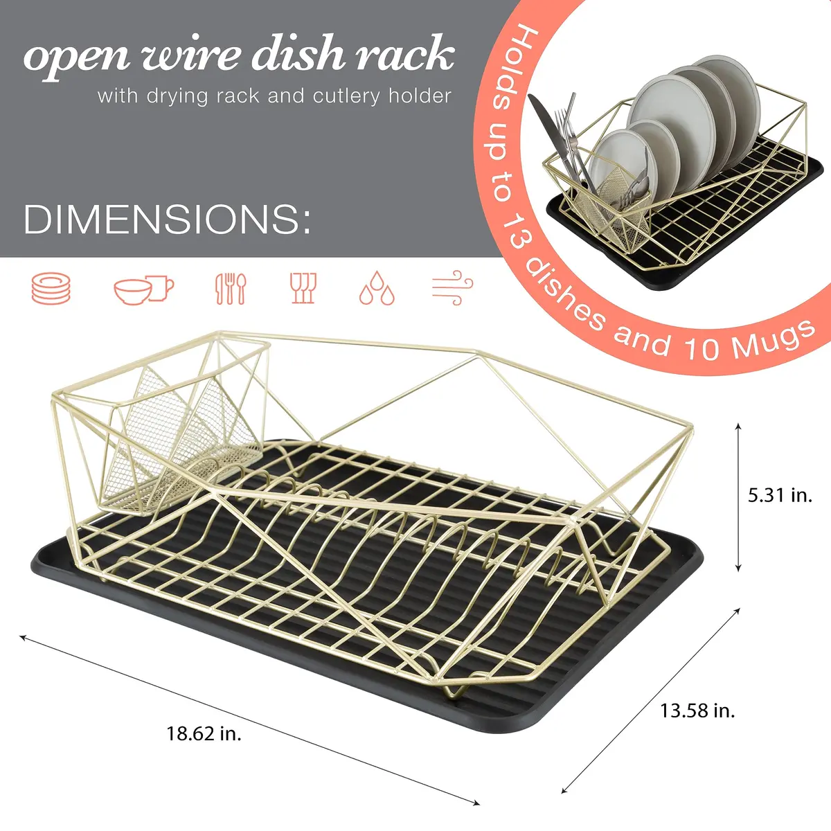 Kitchen Details Geode Deluxe Dish Drying Rack with Drain Board | Satin Gold | Rust Resistant - view 3
