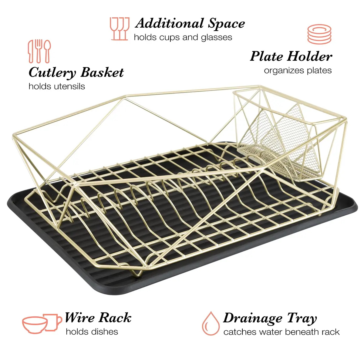 Kitchen Details Geode Deluxe Dish Drying Rack with Drain Board | Satin Gold | Rust Resistant - view 4