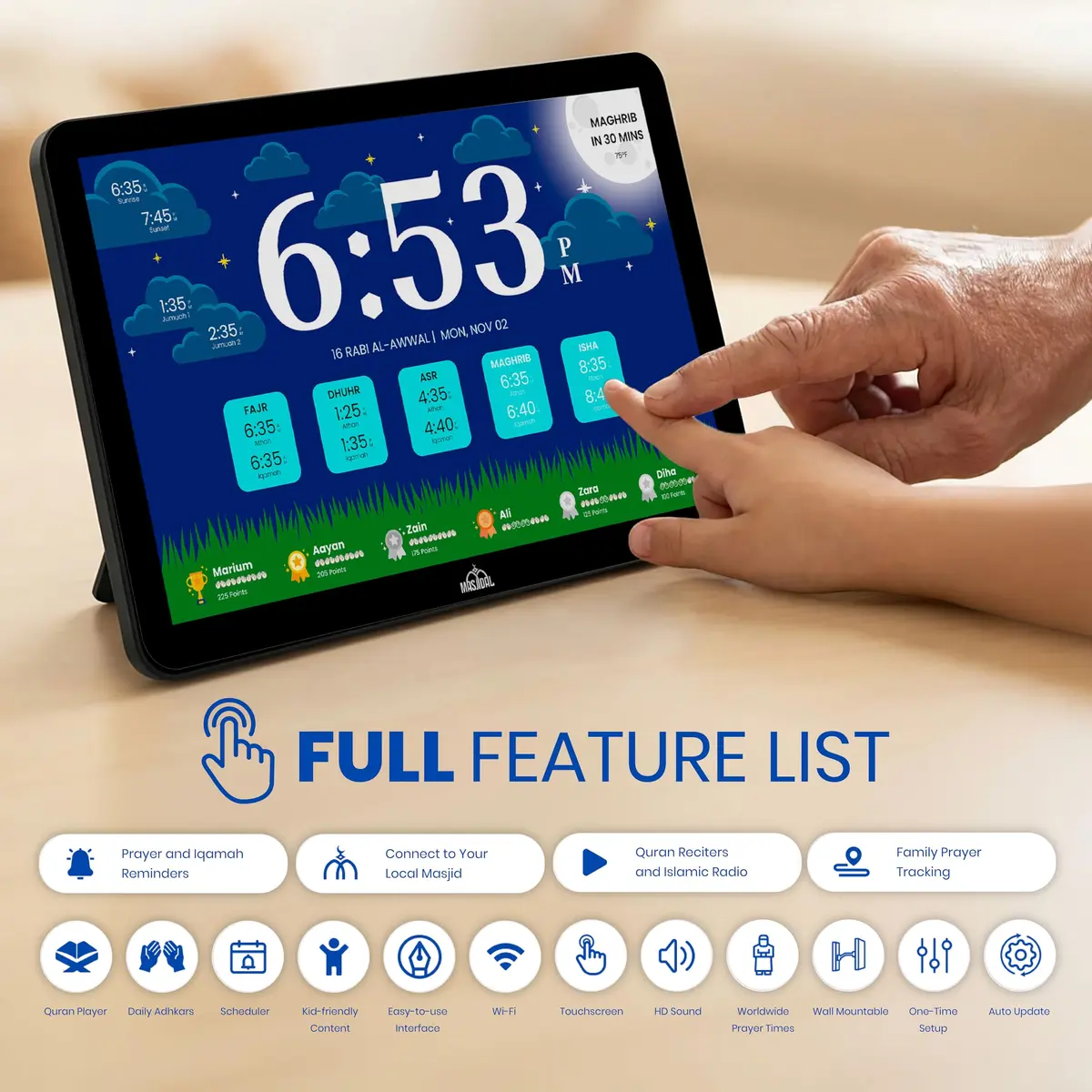 Masjidal 14" Smart WiFi Digital Azan Clock & Islamic Prayer Frame | Automatic Worldwide Prayer & Iqamah Times, Full Quran Player, Athan Alarm, Ramadan Clock, Touchscreen Muslim Home Display, Black - view 7