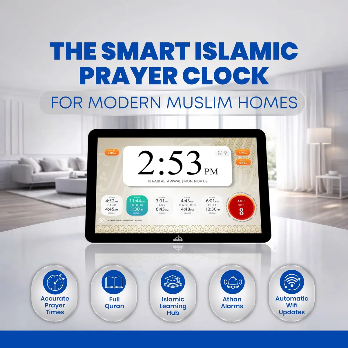 Masjidal 14" Smart WiFi Digital Azan Clock & Islamic Prayer Frame | Automatic Worldwide Prayer & Iqamah Times, Full Quran Player, Athan Alarm, Ramadan Clock, Touchscreen Muslim Home Display, Black - view 2