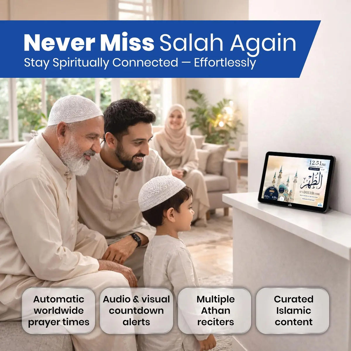 Masjidal 14" Smart WiFi Digital Azan Clock & Islamic Prayer Frame | Automatic Worldwide Prayer & Iqamah Times, Full Quran Player, Athan Alarm, Ramadan Clock, Touchscreen Muslim Home Display, Black - view 4