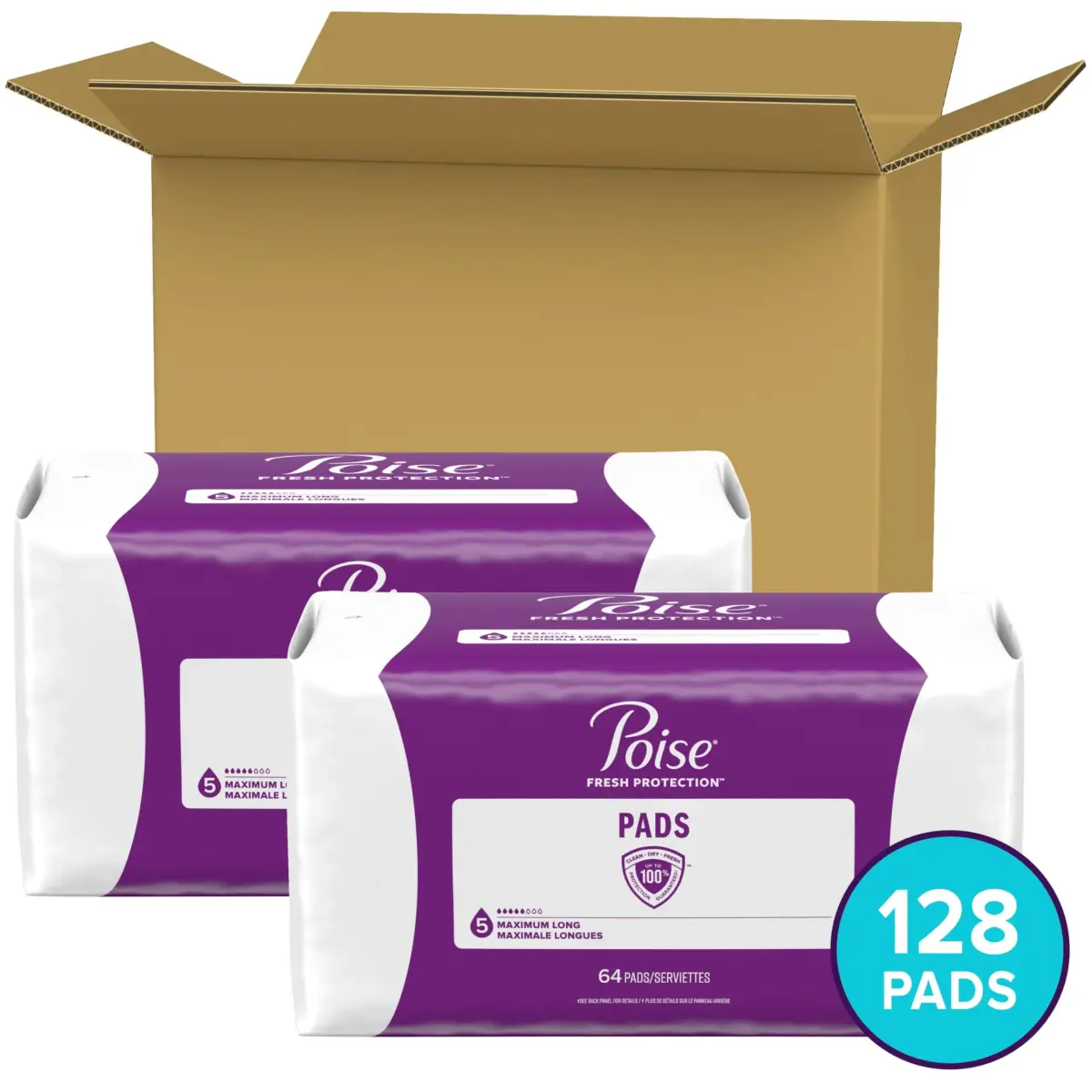 Poise Maximum Absorbency Incontinence Pads for Women, Long Length, 128 Count | Odor Control & 12-Hour Protection - view 2