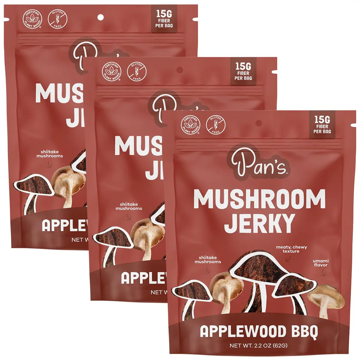 Pan's Mushroom Jerky, Vegan Snacks, Dried Shiitake, Plant-Based Jerky, Gluten Free, High in Fiber (2.2 Oz Pack of 3) - main product image