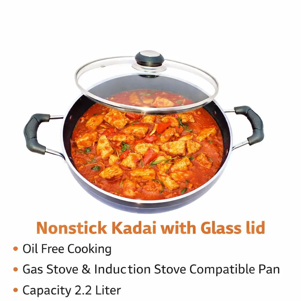 DBY Deep Kadai 2.2 LTR Aluminium Non Stick Frying Pan with Glass Lid | Induction & Gas Compatible - view 3