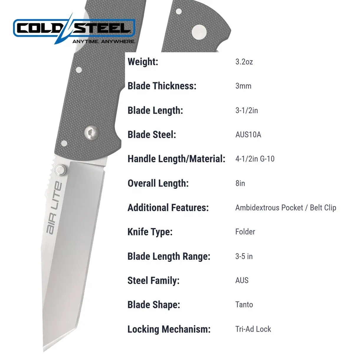 Cold Steel Air Lite 3.5" AUS10A Tanto Point Blade 4.5" G-10 Handle Pocket Folding Knife | Ultra-Light EDC - view 5