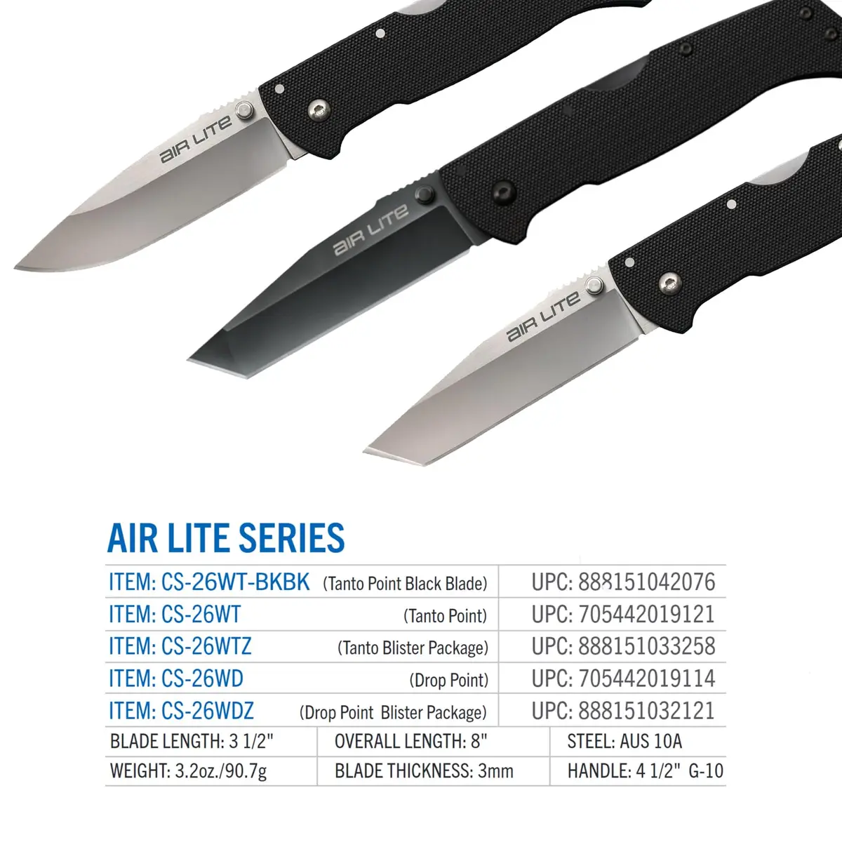 Cold Steel Air Lite 3.5" AUS10A Tanto Point Blade 4.5" G-10 Handle Pocket Folding Knife | Ultra-Light EDC - view 6