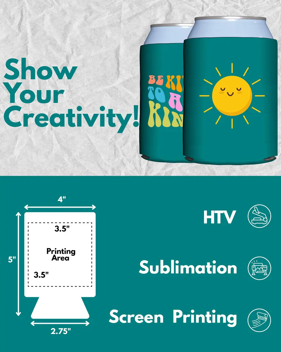 PartyPrints Teal Blank Can Cooler Sleeves (100 Pack) | Customizable Foam Insulators for 12oz & 16oz Cans - view 2
