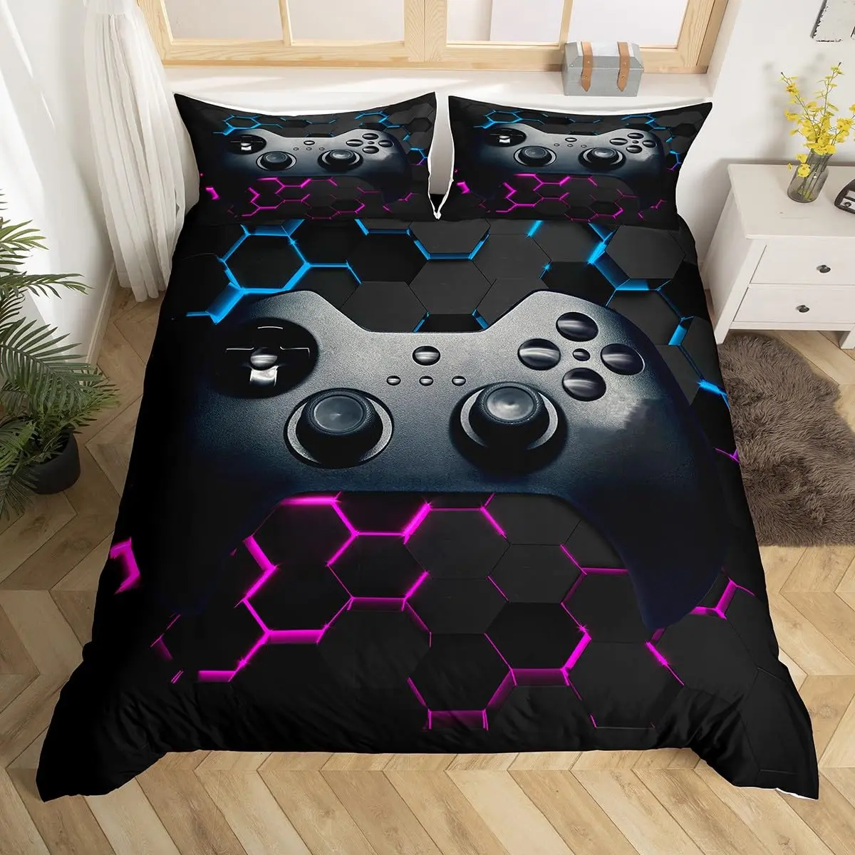 Erose Bridal Twin Size Gamer Duvet Cover Set with Pillow Sham | Black Grey Vintage Controller Pattern - main product image