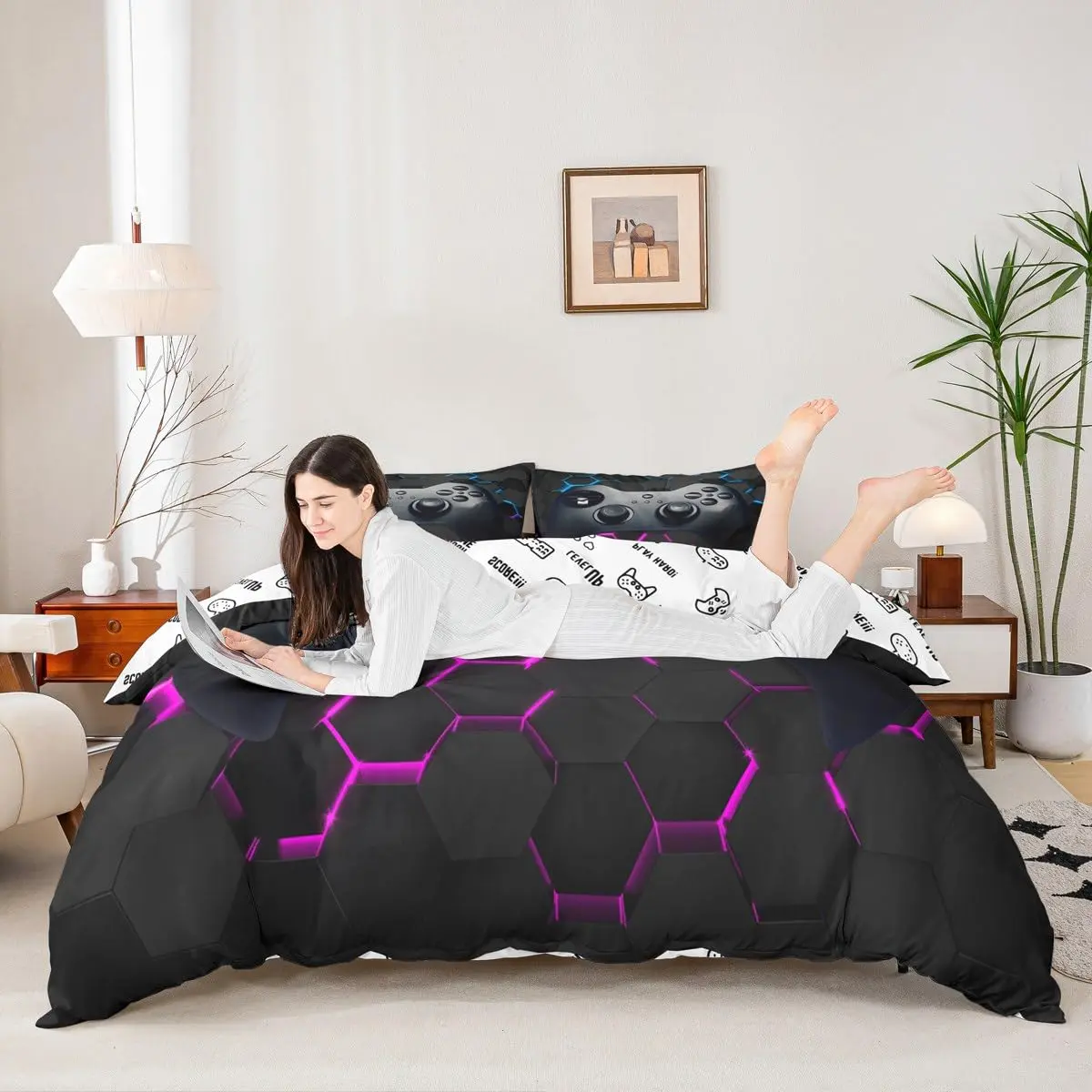 Erose Bridal Twin Size Gamer Duvet Cover Set with Pillow Sham | Black Grey Vintage Controller Pattern - view 5