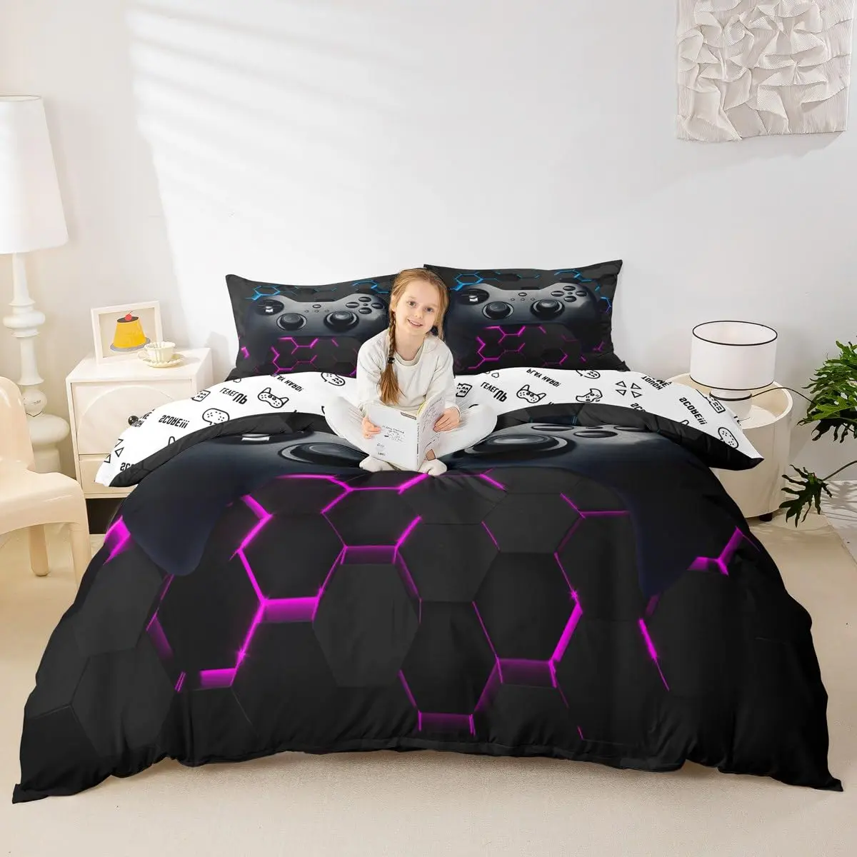 Erose Bridal Twin Size Gamer Duvet Cover Set with Pillow Sham | Black Grey Vintage Controller Pattern - view 2