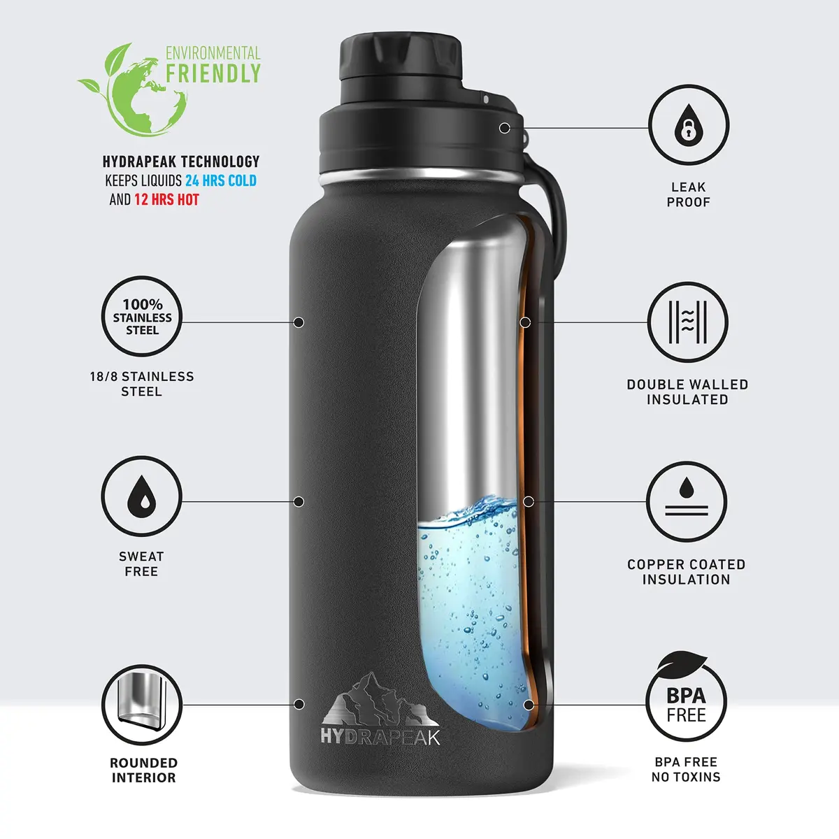 Hydrapeak 32oz Insulated Water Bottle with Chug Lid | Leak Proof Stainless Steel Bottle for Active Lifestyle - view 4