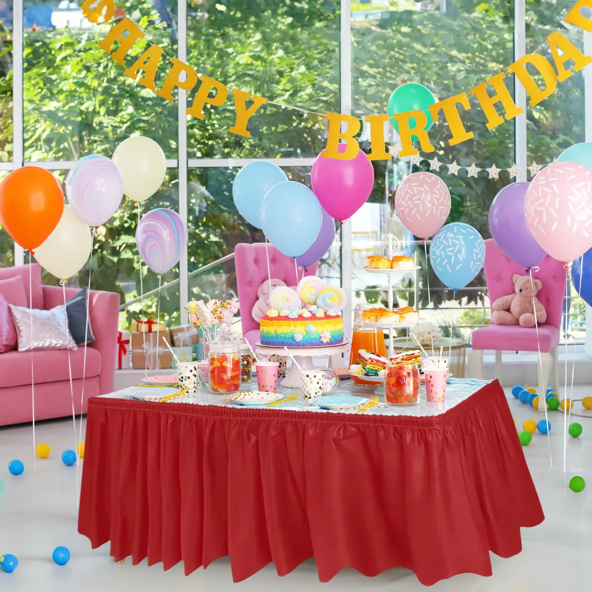 DecorRack Red Plastic Table Skirt 4.26 m (14 ft) | Easy Adhesive Installation for Parties - view 3