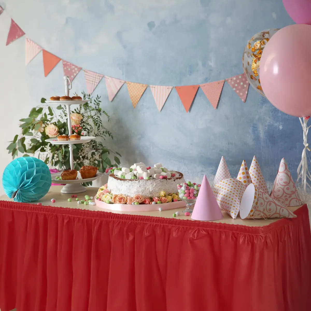 DecorRack Red Plastic Table Skirt 4.26 m (14 ft) | Easy Adhesive Installation for Parties - view 4