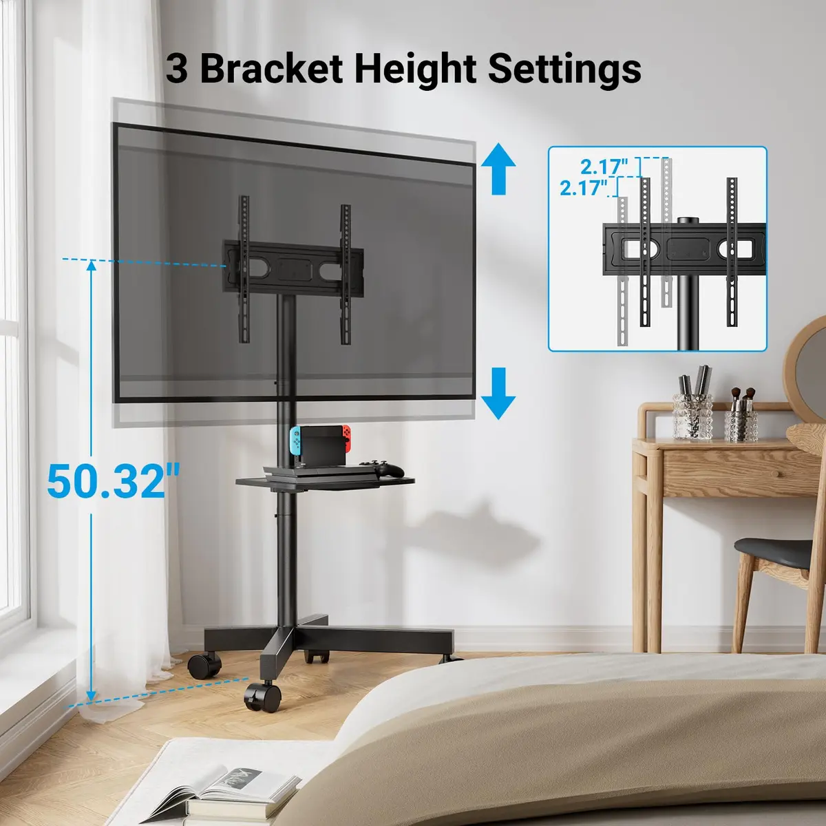 PERLESMITH Rolling TV Stand for 23-60 Inch LCD LED TVs | Supports 88Lbs, Tilt & Lock Wheels, Max VESA 400x400mm, Portable with Shelf - view 4