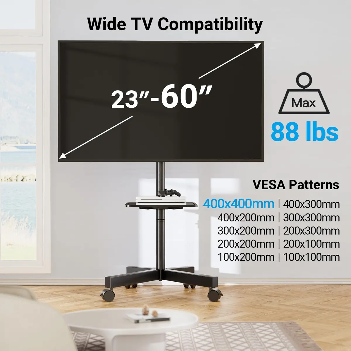 PERLESMITH Rolling TV Stand for 23-60 Inch LCD LED TVs | Supports 88Lbs, Tilt & Lock Wheels, Max VESA 400x400mm, Portable with Shelf - view 5
