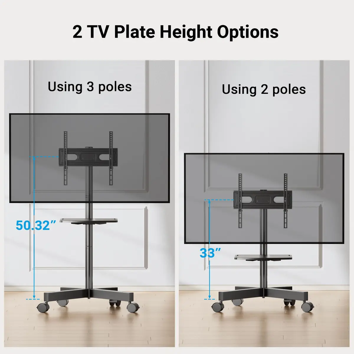 PERLESMITH Rolling TV Stand for 23-60 Inch LCD LED TVs | Supports 88Lbs, Tilt & Lock Wheels, Max VESA 400x400mm, Portable with Shelf - view 8