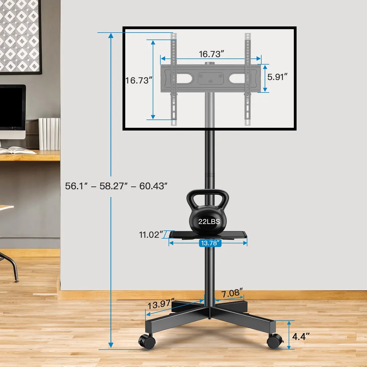 PERLESMITH Rolling TV Stand for 23-60 Inch LCD LED TVs | Supports 88Lbs, Tilt & Lock Wheels, Max VESA 400x400mm, Portable with Shelf - view 9