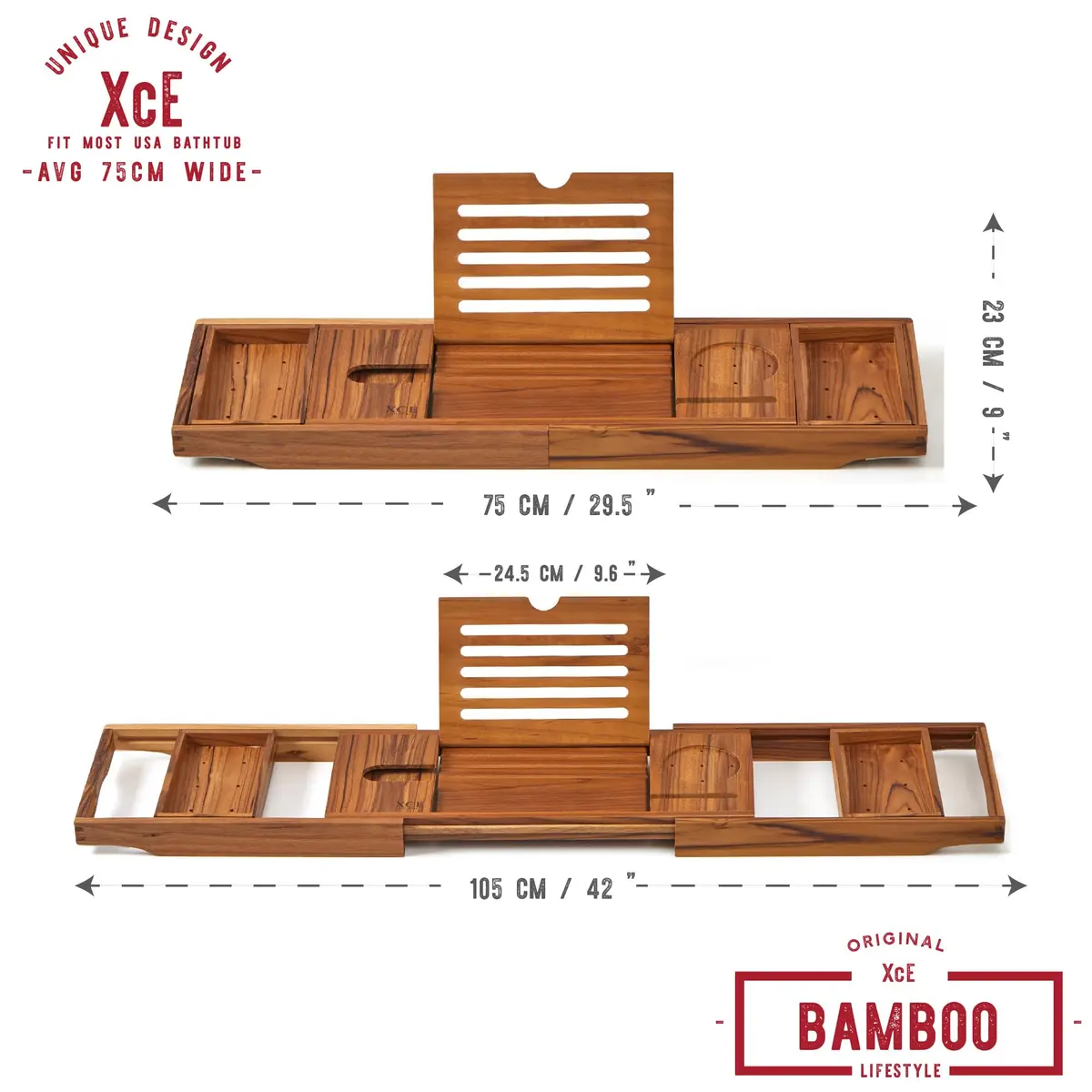 XcE Bamboo Bathtub Caddy Tray with Book Stand & Soap Holder, Brown | Extendable 105cm & Non-Slip - view 2