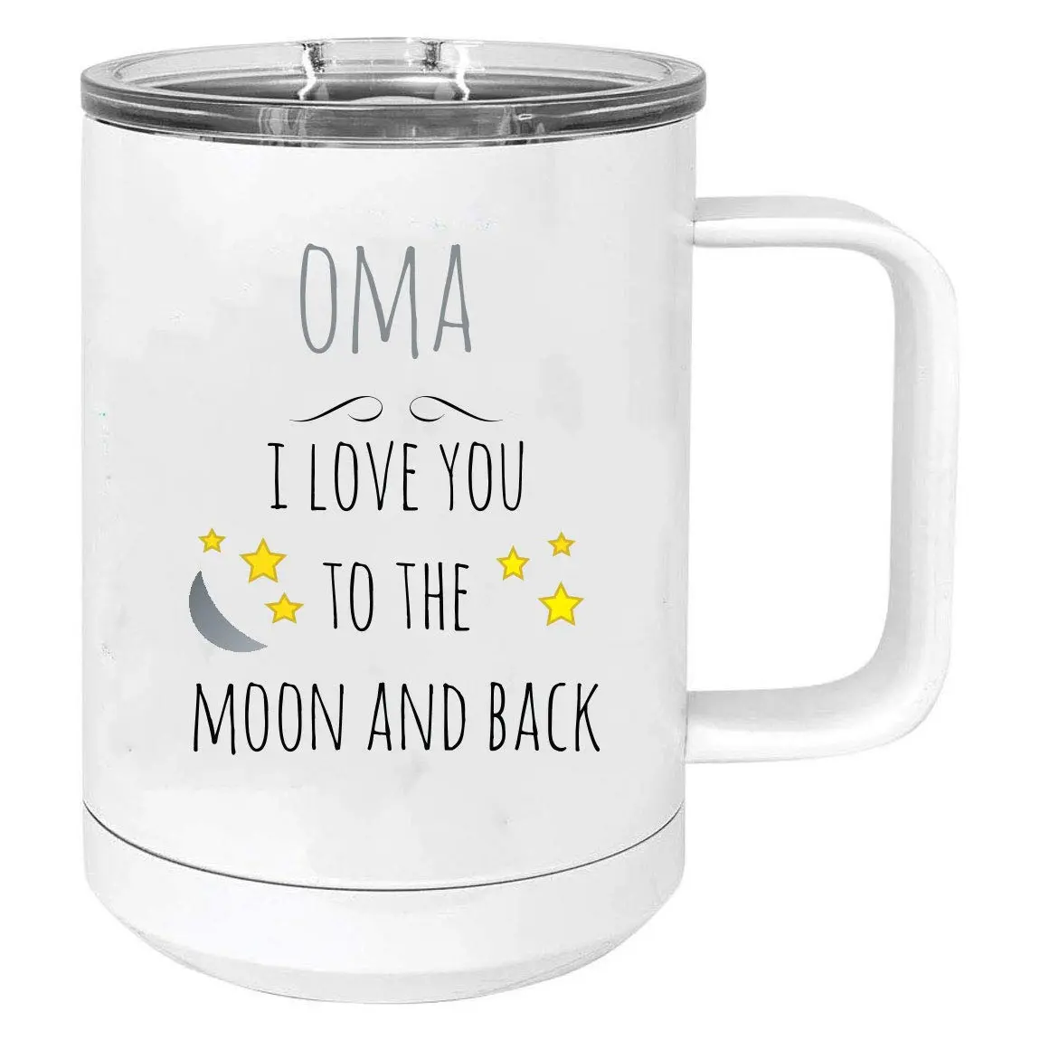 CustomGiftsNow Oma - I Love you to the Moon and Back Stainless Steel Vacuum Insulated 15 Oz Travel Coffee Mug with Slider Lid, White | White 443ml (15 Fl Oz) Mug - main product image