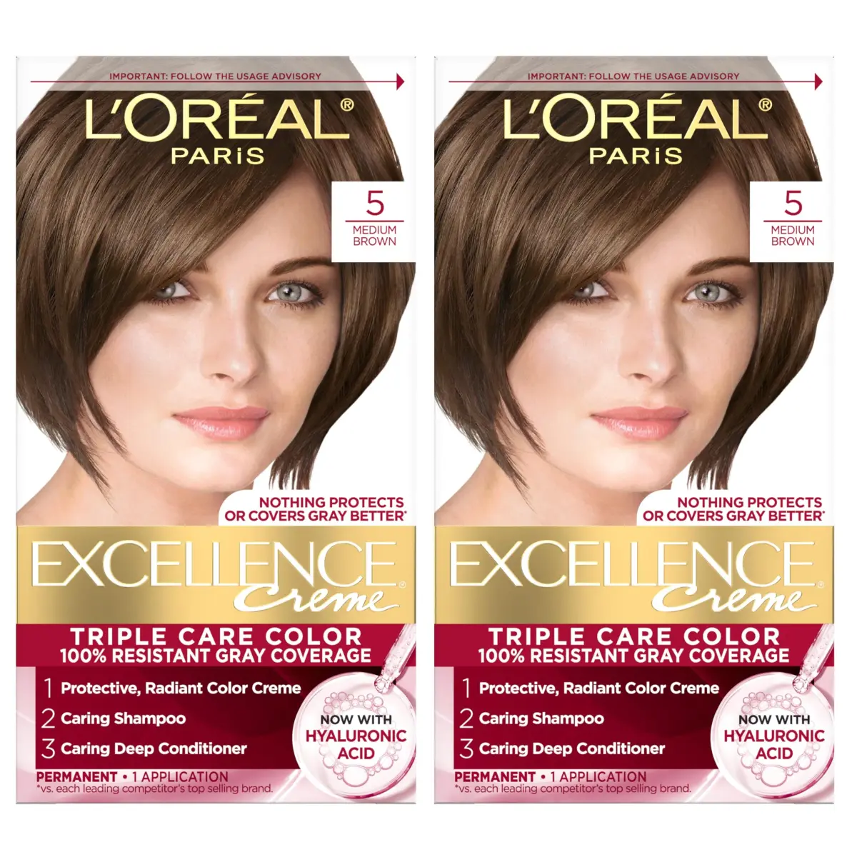 L'Oreal Paris Excellence Crème Permanent Hair Dye 5 Medium Brown (2 Kits) | Triple Care Color with Hyaluronic Acid for 100% Gray Coverage - main product image