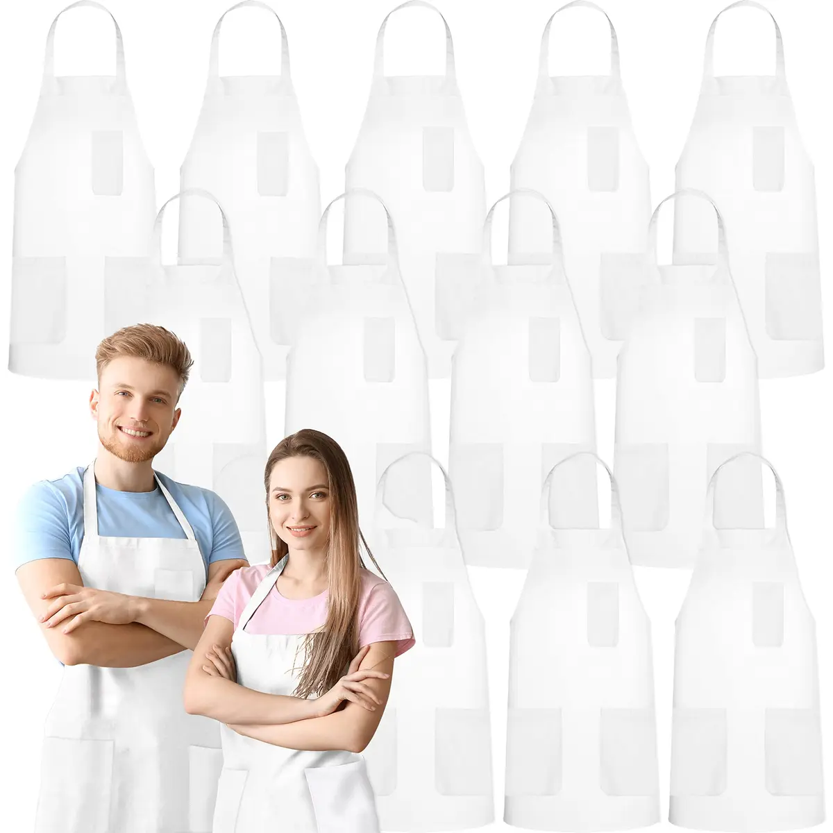 GREEN LIFESTYLE 12 Pack Chef Apron with Pockets | Waterproof Cooking Apron for Men & Women (12 Pack, White) - main product image