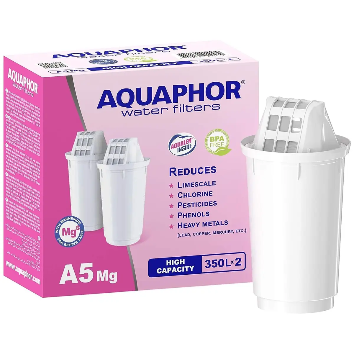AQUAPHOR Filter Cartridge A5 2 Pack with Magnesium | Filters Limescale, Chlorine, Heavy Metals | 350L Clear Water - main product image