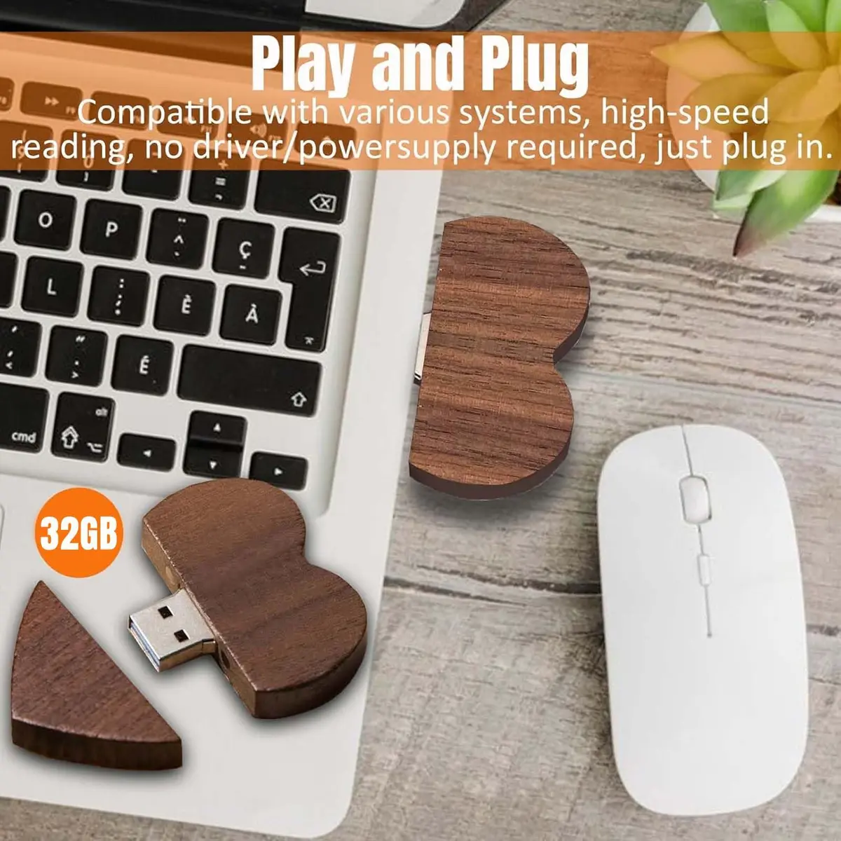 FEWINA 32GB Walnut Wood Heart USB 3.0 Flash Drive with Gift Box | High-Speed Data Storage - view 3