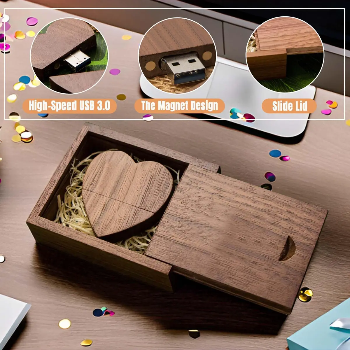 FEWINA 32GB Walnut Wood Heart USB 3.0 Flash Drive with Gift Box | High-Speed Data Storage - view 4