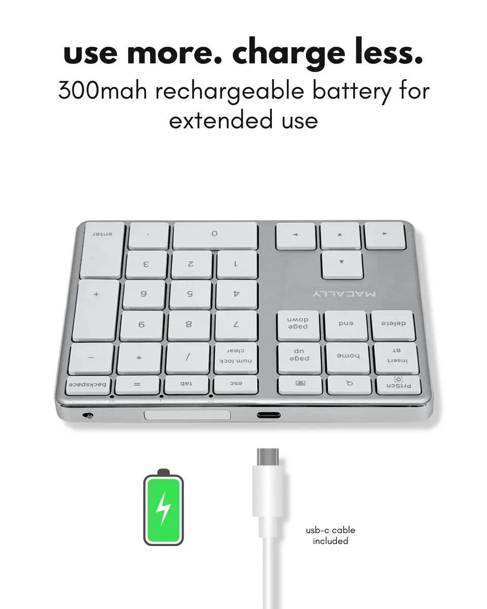 Macally BTNUMKEYPRO Rechargeable Bluetooth Number Pad 11.4cm (4.5") | Slim Aluminum Wireless 35-Key Numpad for Mac, iPad, Windows - view 6