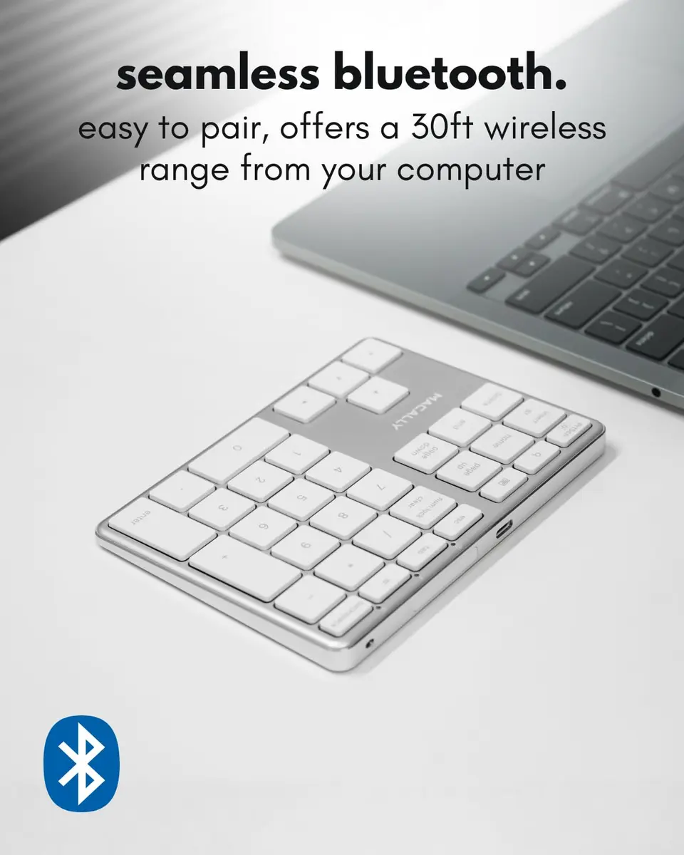 Macally BTNUMKEYPRO Rechargeable Bluetooth Number Pad 11.4cm (4.5") | Slim Aluminum Wireless 35-Key Numpad for Mac, iPad, Windows - view 2