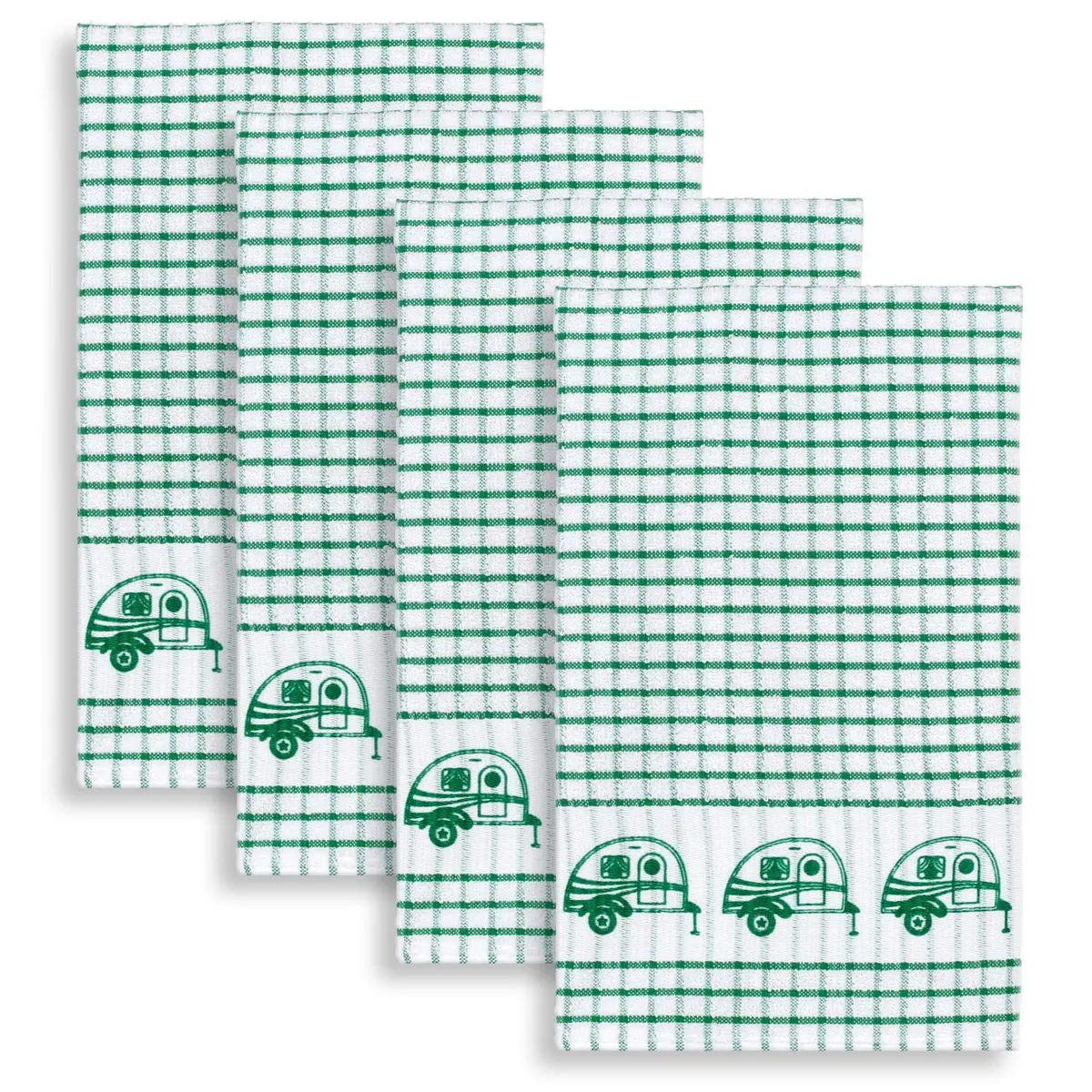 Cackleberry Home Retro Camper Windowpane Check Cotton Terrycloth Kitchen Towels, Set of 4 (Green) | 45.7 x 71.1 cm (18 x 28 inches) - main product image