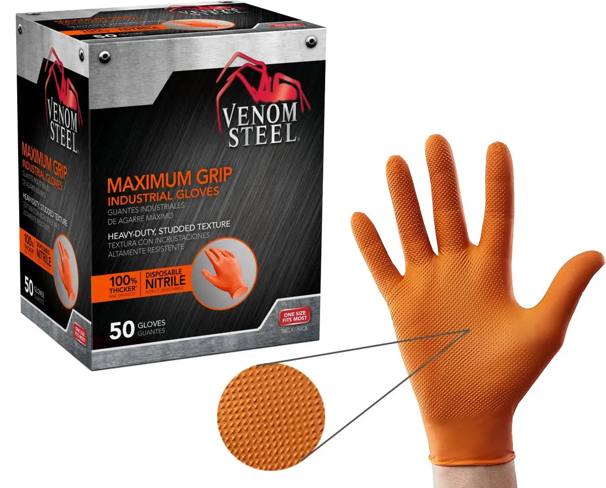Venom Steel Orange Nitrile Gloves, 8 mil Thick, 50 Count | Heavy Duty Grip & Puncture Resistance - main product image