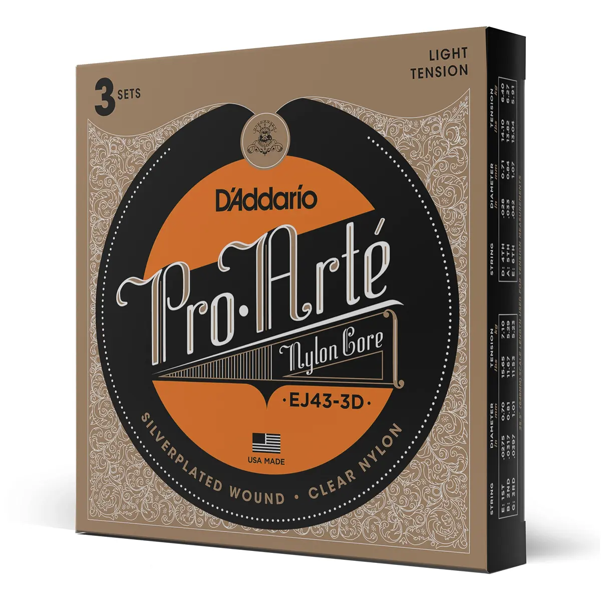 D'Addario Pro-Arte Nylon Classical Guitar Strings, Light Tension, 3 Sets | Warm Tone, Responsive Playability - main product image